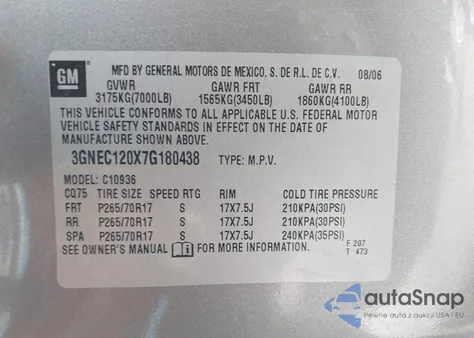 2007 Chevrolet Avalanche 1500 Ls from USA, damaged, VIN 3GNEC120X7G180438